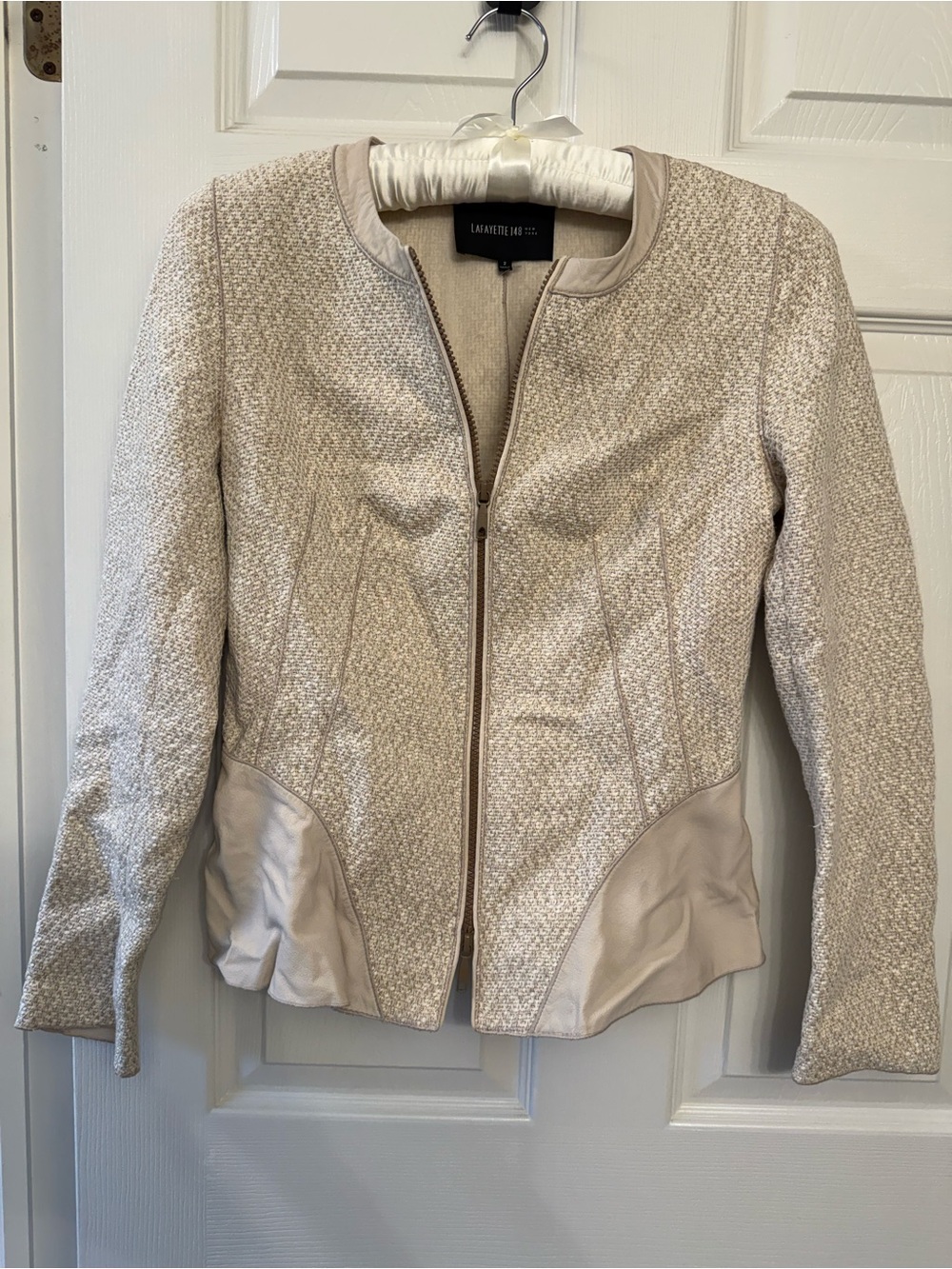 Lafayette 148 New York Cream Textured Zip-Front Jacket with Leather Trim
